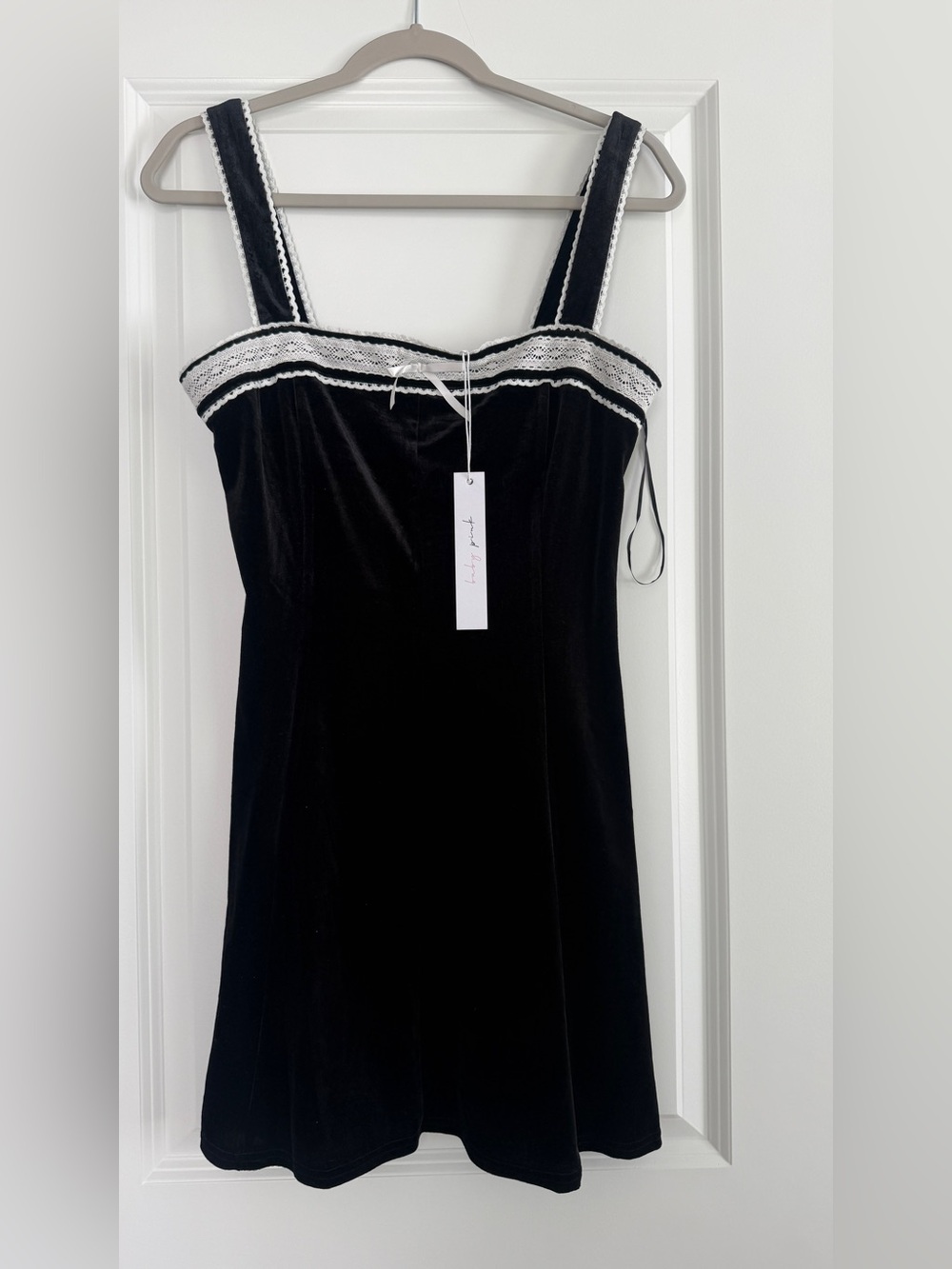 Boutique Black Velvet Slip Dress with White Lace Trim Bows Holiday